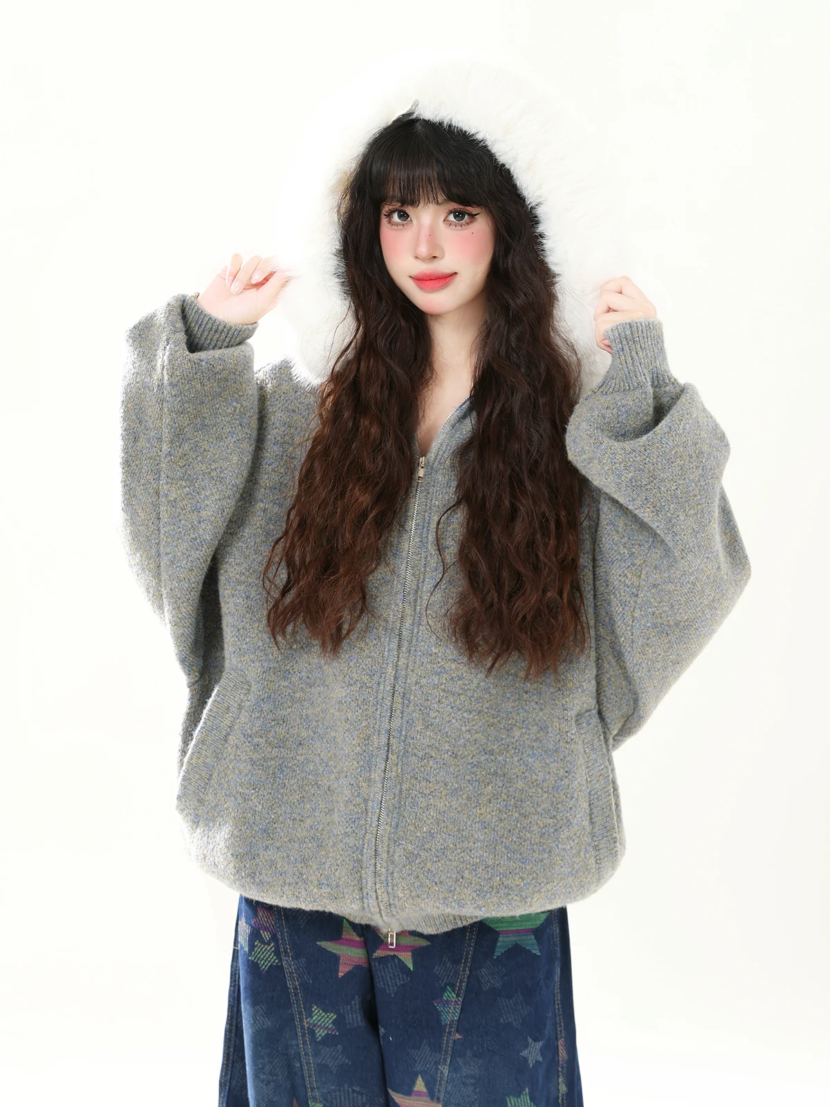 

Винтажный вязаный кардиган ENJOG с отстегивающимся меховым воротником, женский зимний повседневный вязаный жакет с капюшоном