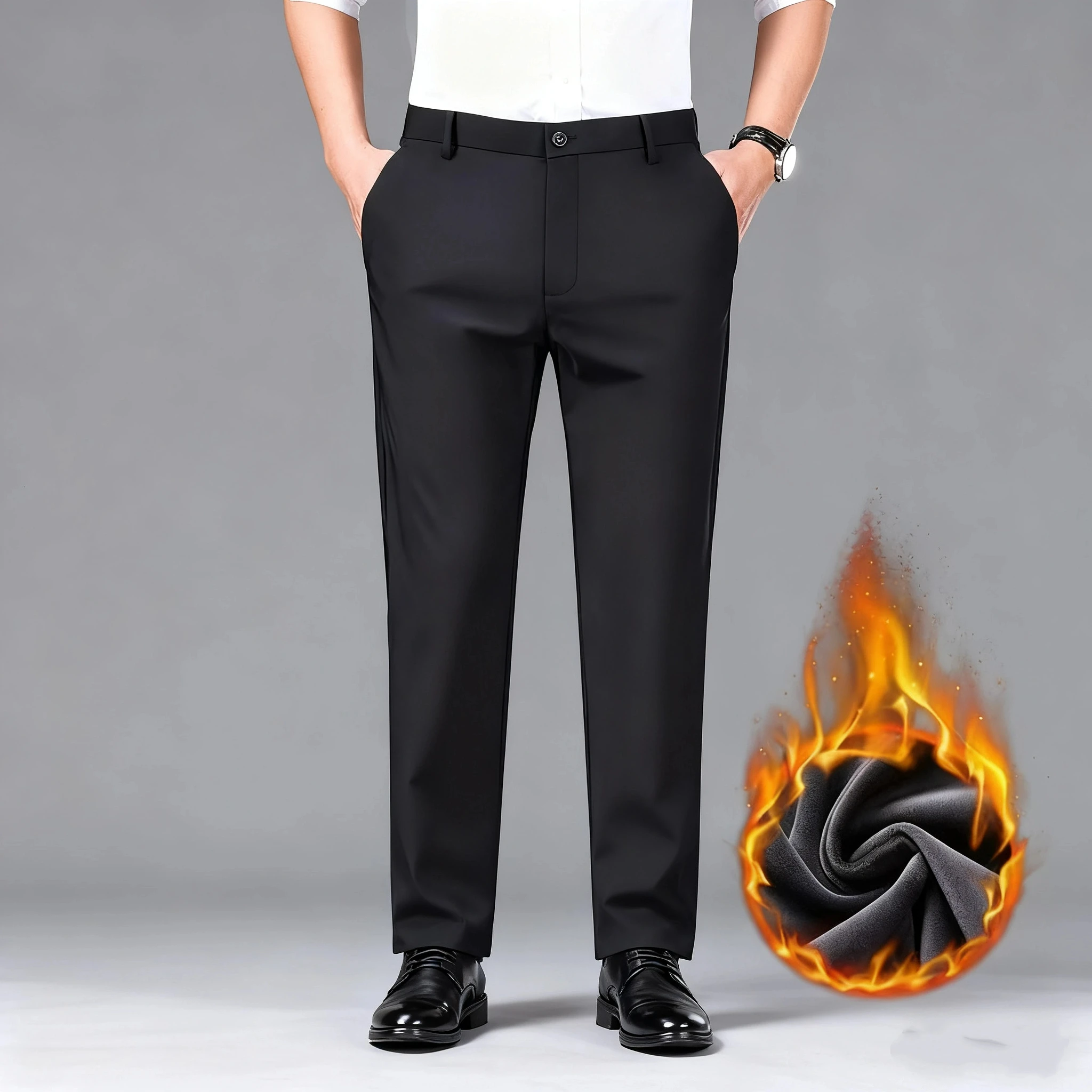 

Classic Black Men Dress Pants Business Office Trousers Fleece Lined for Winter Stretch Slim Straight Leg Casual Men Pants