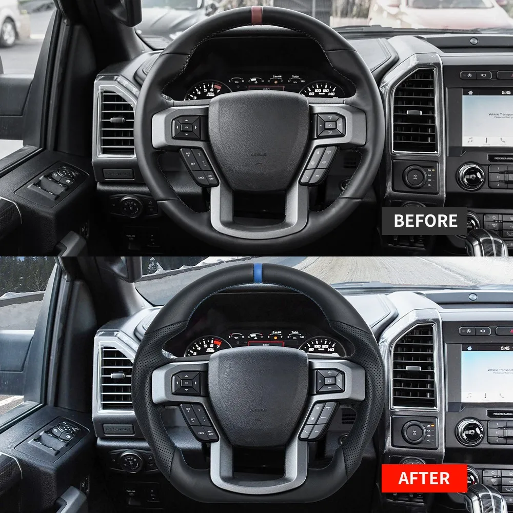 Heated Full Leather Sports Steering Wheel Blue Center Mark Fit for Ford F150 Raptor 2015-2020 Without Paddle Holes