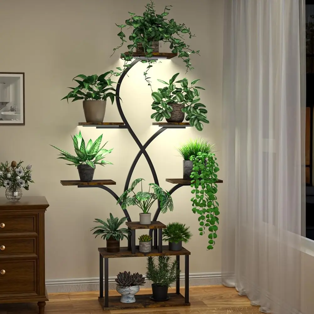 

Plant Stand Indoor With Grow Lights, 8-Tiered Lighted Plant Shelf, 62"" Tall Plant Stand For Plants Multiple, Metal Plant