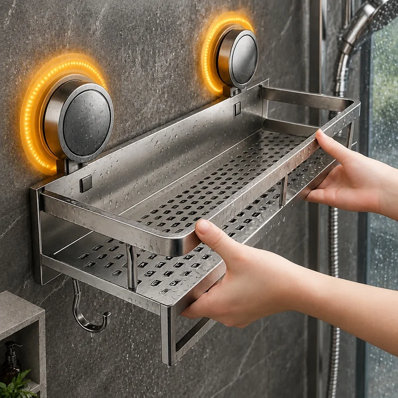Wall-Mount Aluminum Bathroom Shelf with Suction Cups, No-Drill Storage Rack for Shower and Toilet Accessories