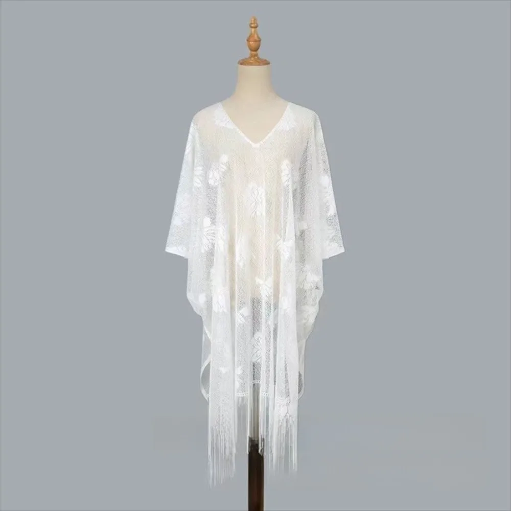 

Trendy Elegant Lace Floral Shawl Breathable Rose Embroidery Sun Protection Scarf Tassel Design Beach Cover-Up Beach Wear