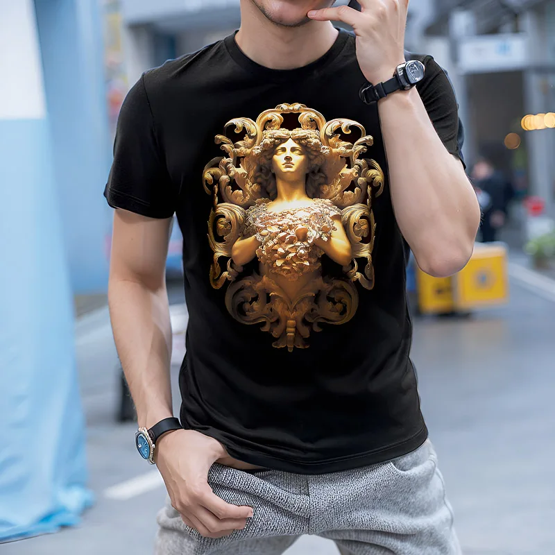 

Chun yu yin jia Designer luxury brand Portrait Pattern 3D Angel Print Short-Sleeved t Shirt for man Black White men tee