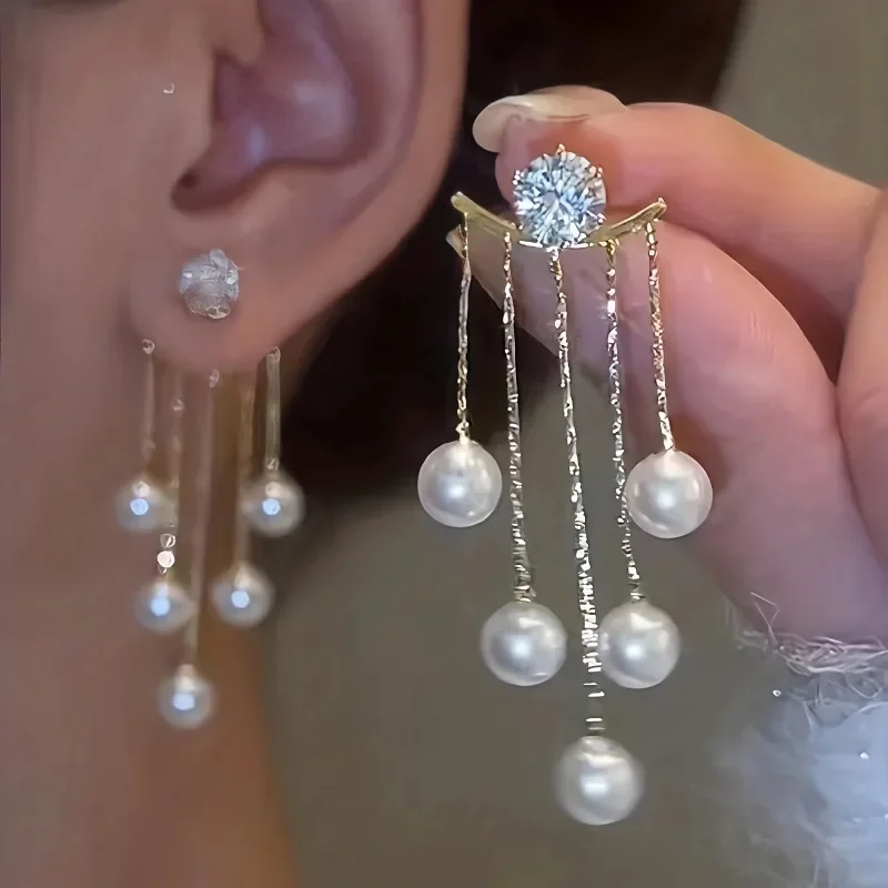 2Pcs Silver Needle Luxury Earrings Fashion Two Pearl Tassels Fashion Earrings,Light luxury pearl earrings,Female gift giving
