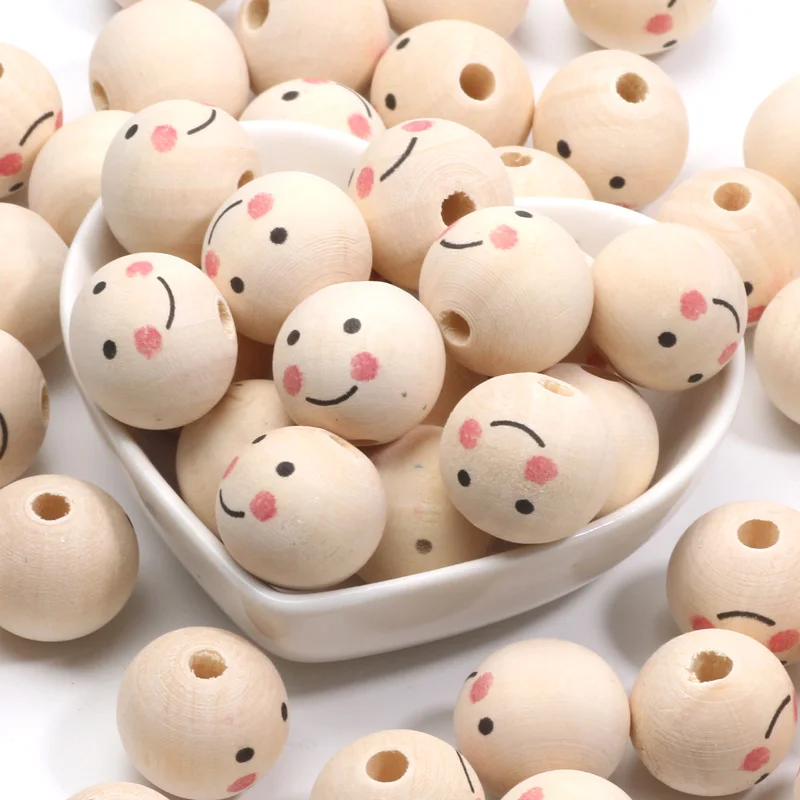 5/10/20PCS Smile Shy Pattern Light Color Wood Bead Fashion DIY Bracelet Necklace Pendant Decorative Bead 12mm 20mm 25mm