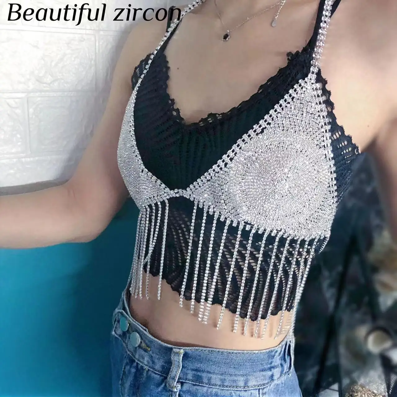 

Luxury women's handmade crystal tassel body chain bra bra underwear jewelry shiny Rhinestone chest chain Carnival clothing jewel