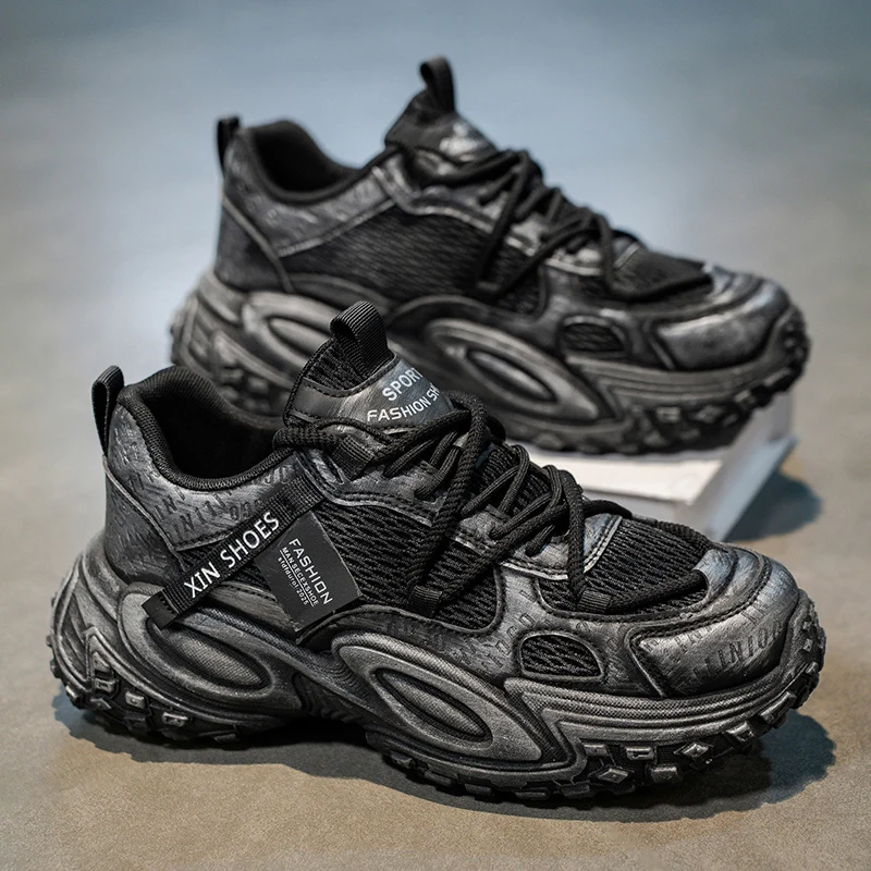 Men's Breathable Running Shoes Casual Sporty Soft Bottom Thick Heel Black Dad Shoes Lightweight Comfortable All-Match Net Sur...