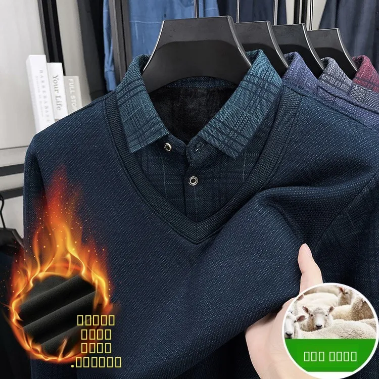 

Шерстяной вязаный свитер для мужчин среднего возраста, зимняя одежда, теплый, с меховой подкладкой, воротник-стойка, повседневный стиль