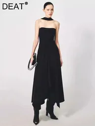 DEAT Elegant Dress Halter Strapless Pleated Slim Irregular Hem Solid Women's Evening Party Dresses 2024 Autum New Tide 13DL605