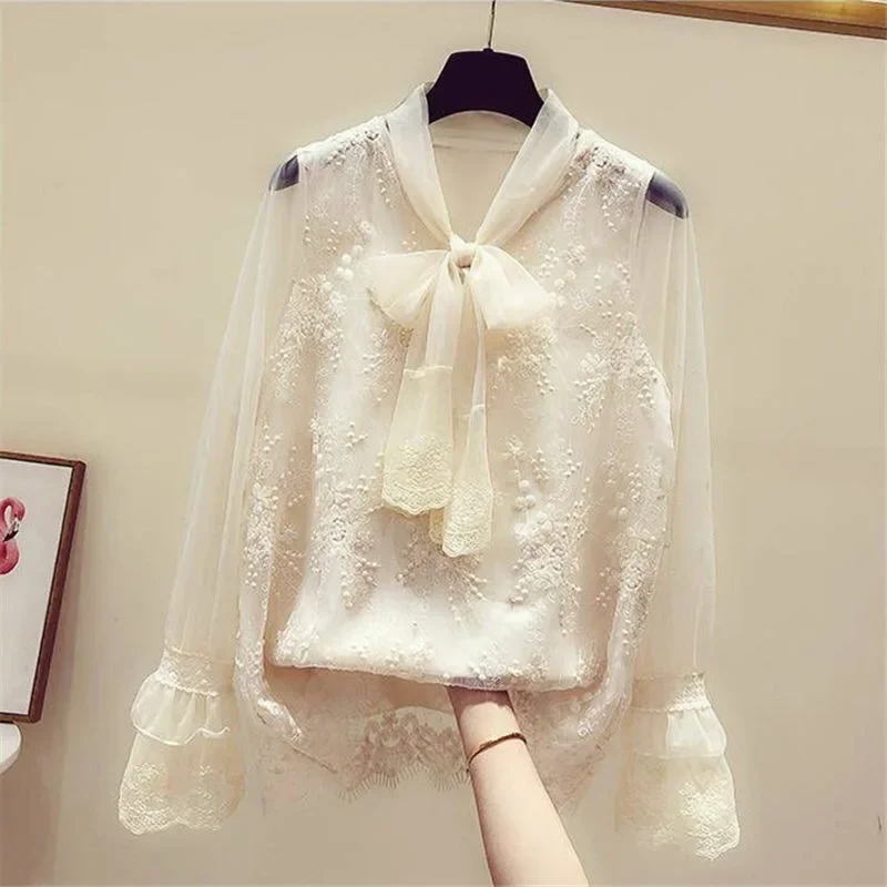 Korean Style Sweat Fairy Girl Blouses White Bowknot Lace Long Sleeved Trendy Shirt Women Loose Casual Fashion Tops Y2K Pullovers