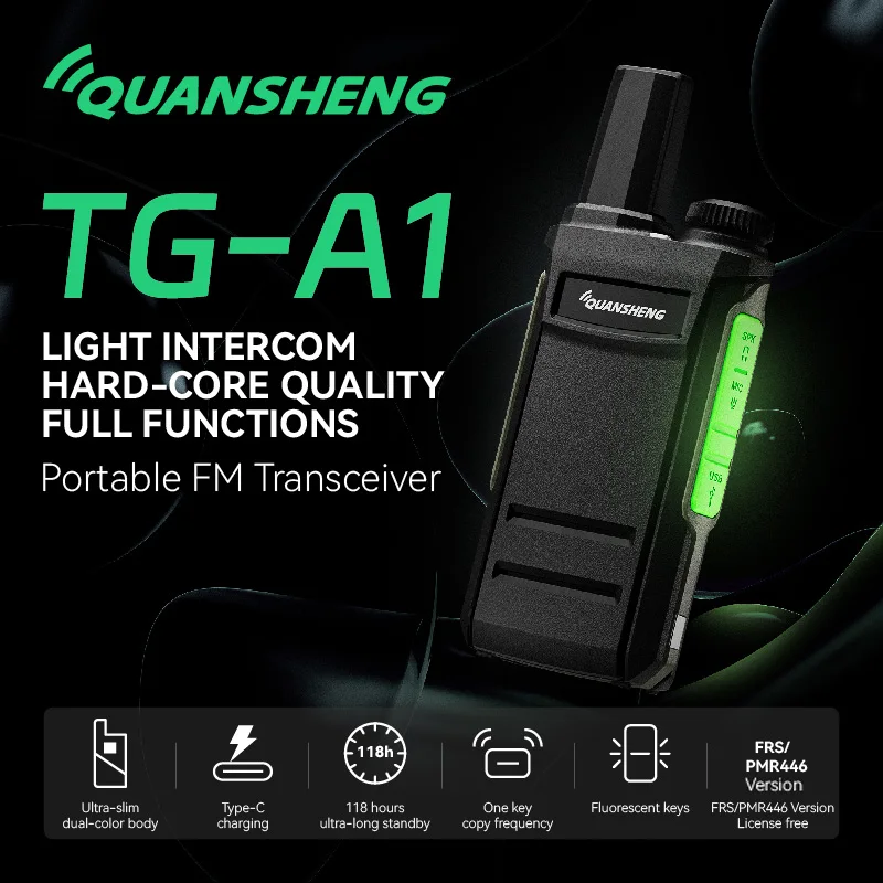 TG-A1 Light Walkie Talkies Rechargeable Slim Portable FM Transceiver Type-C Charging One Key Copy Frequency Two Way Radio