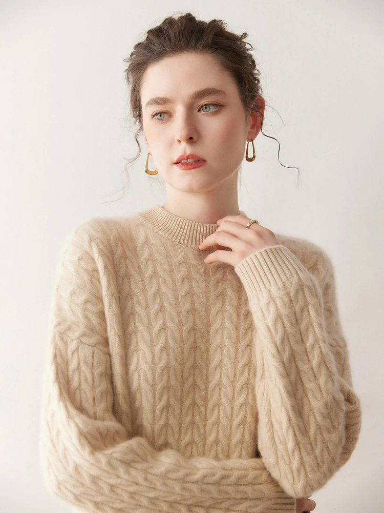 

Autumn Winter Women's 100% Cashmere Dress Elegant O-neck Straight Mid-calf Soild Twist Flower Casual Knitted Dress High-end