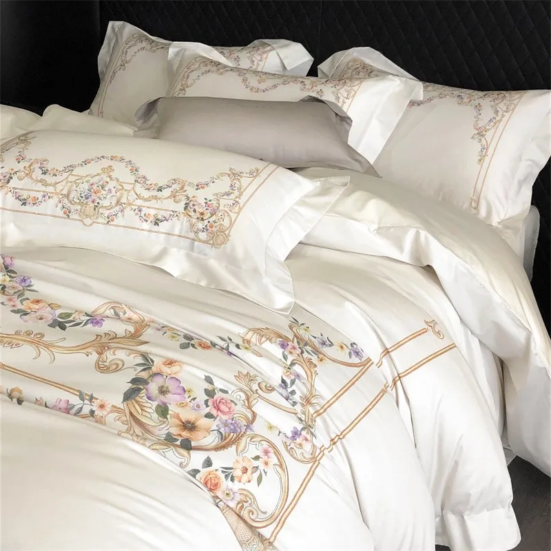 Luxury White European Palace Chic Flowers Duvet Cover 1000TC Egyptian Cotton Bedding Set Flat/Fitted Sheet Pillowcases 4Pcs