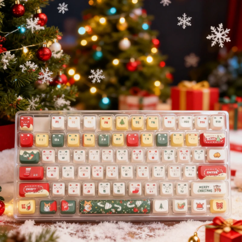 

Рождественские колпачки для клавиш в форме кошки, профиль MOA, магнитный переключатель PBT для клавиатур F99/F104/F87/68/98, пользовательские колпачки для игрового офиса