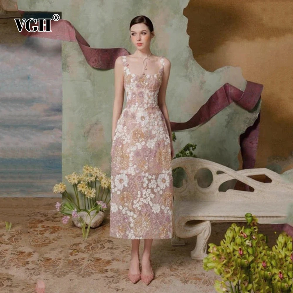 

VGH Elegant Printing Slimming Long Dresses For Women Square Collar Sleeveless High Waist Summer Temperament Dress Female Style