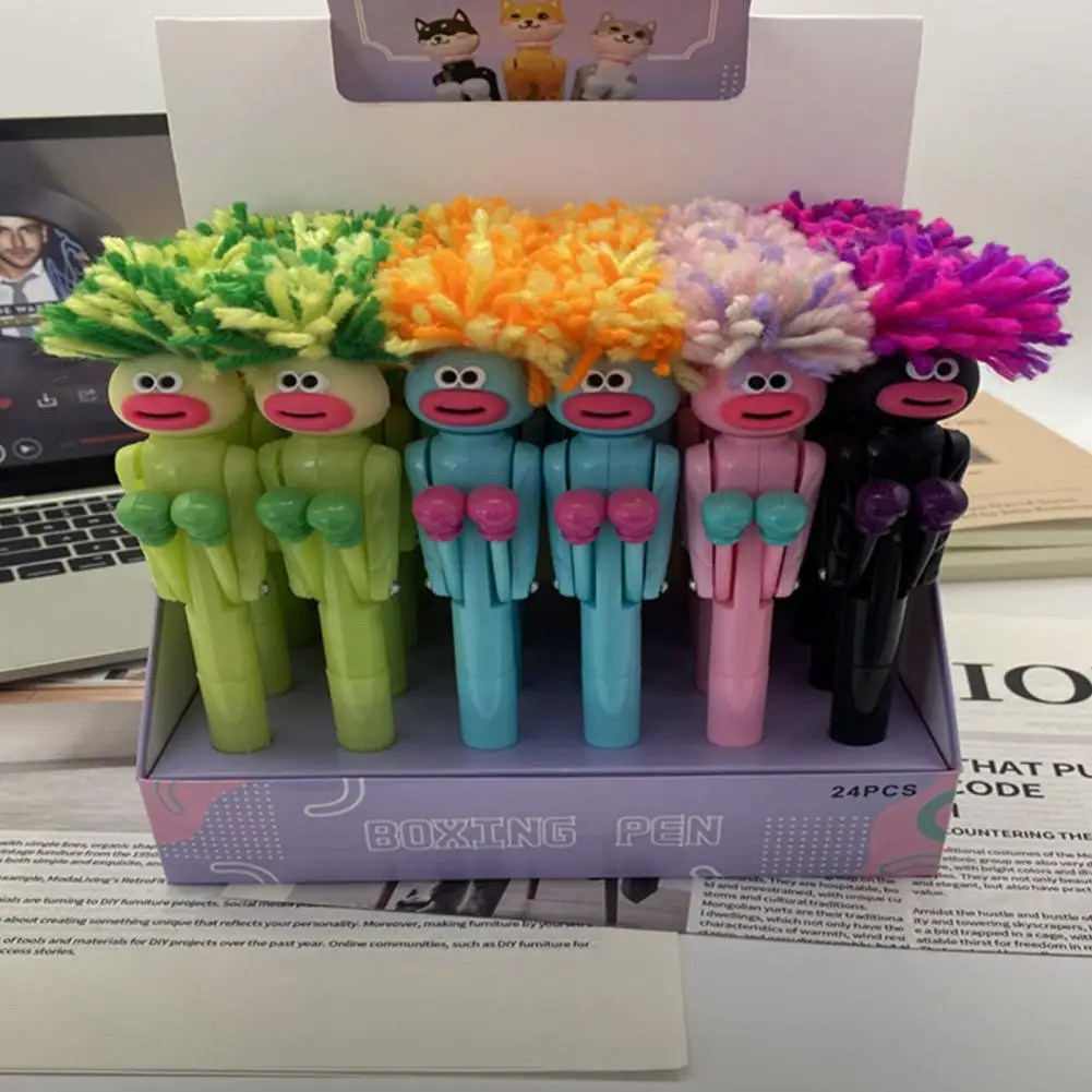 Funny Boxing Pen with Cute Doll Tops Retractable Ballpoint Pen Students Ink Novelty Stress Relief Toy Unique Gift for Friends