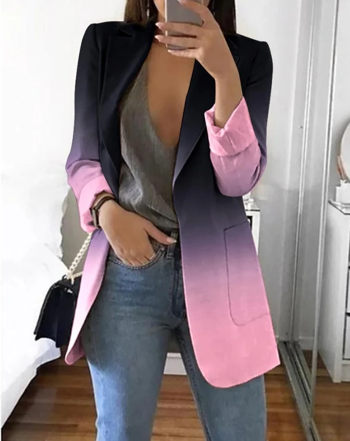 Color Blocked Coat for Women 2024 Spring Autumn New Fashion Ombre Pocket Design Long Sleeve Tie Dye Daily Blazer