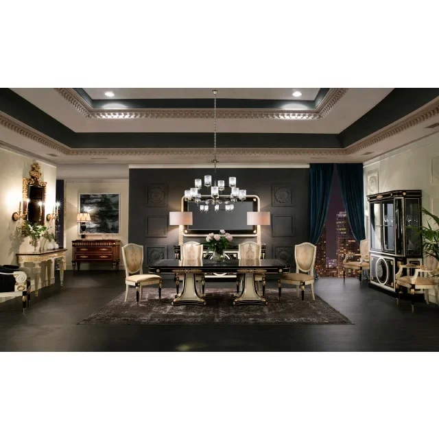 Italian Designer Antique Dining Room Set Luxury Black and Gold Wood High Glossy Rectangular  Table With Chairs