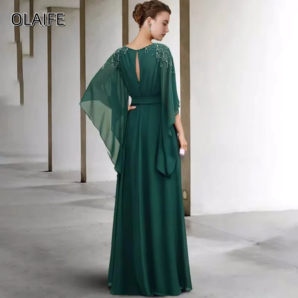 Chiffon A-Line O-Neck Sequined Customized Sash Zipper Mother of The Bride Dresses Puffy Half Sleeves Floor-Length فساتين طويلة