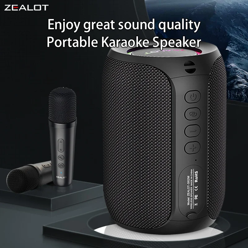 ZEALOT S62M 15W Wireless Speakers With Two Wireless Microphones, Dual Pairing, 3600mAh Battery, 12 Hours Playtime Loud Stereo.