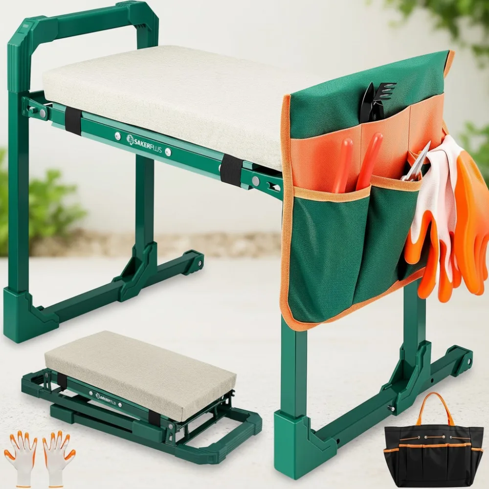 

Foldable Garden Kneeler Seat with Adjustable Legs & Tool Bags - Ergonomic Kneeling Chair for Elderly Gardeners