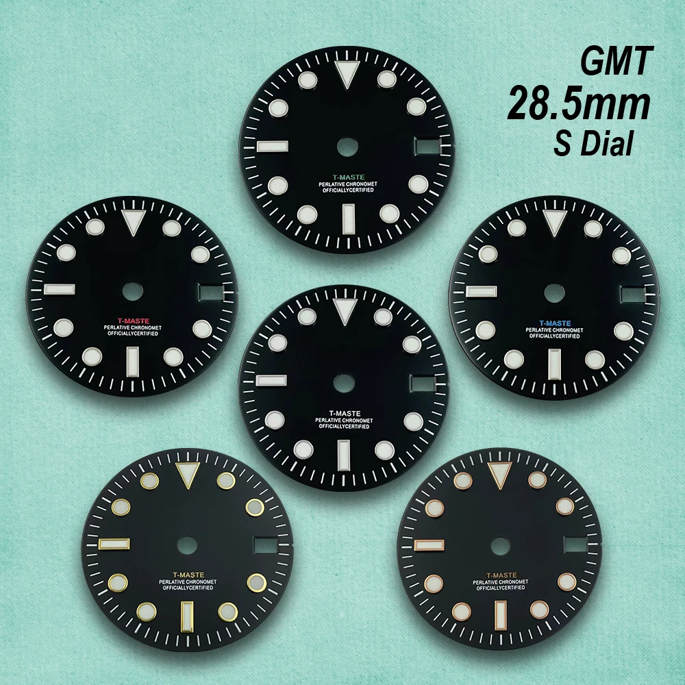 28.5mm Print S Logo GMT Black Dial Fit NH34 Japanese Movement Ice Blue Luminous Watch Modification Accessories