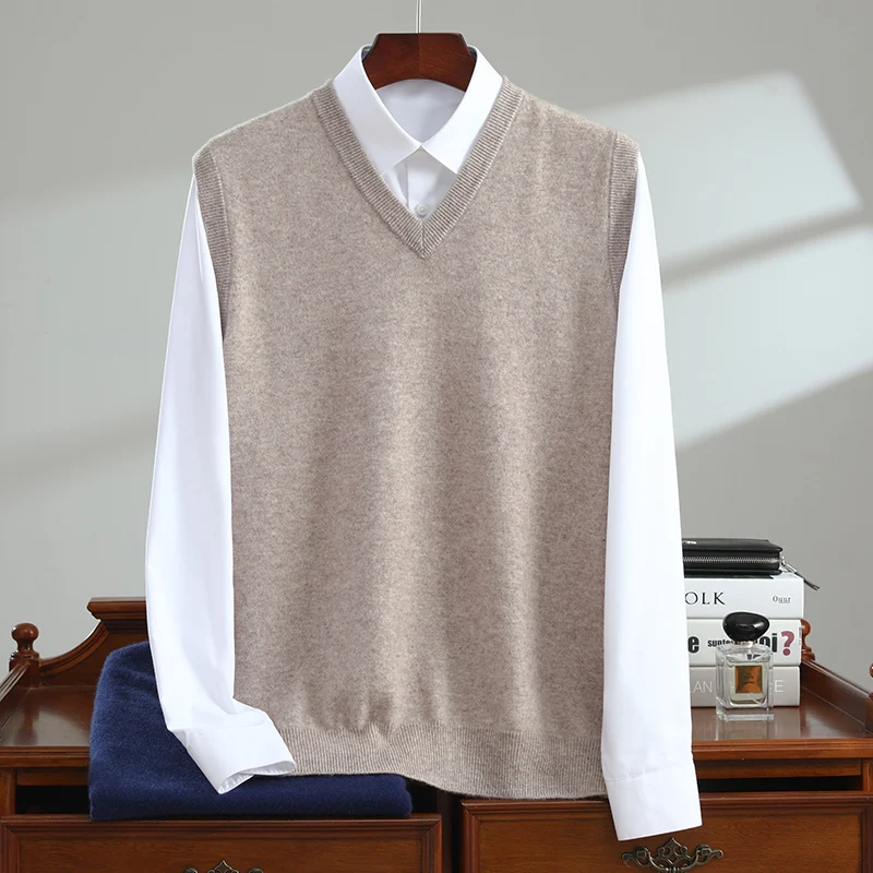 Men's Shoulder 100% Cashmere Knitted Vest Spring and Autumn New V-neck Pullover Casual Business Sleeveless Vest