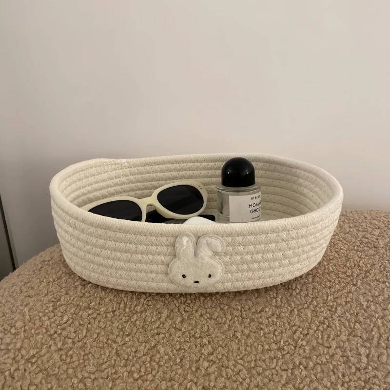 Kawaii Miffy Hand Woven Cotton Hemp Storage Basket Cartoon Rabbit Home Desktop Items Cosmetics Key Elliptical Storage Basket view 5