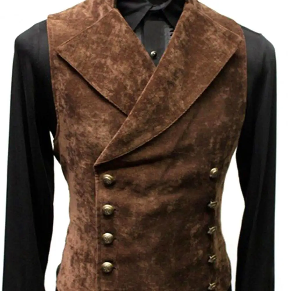 Vintage Red Suede Suit Vest Men Waistcoat Stand Collar Solid Color Double Breasted Slim-Fit Vest Steampunk Gilet Homme