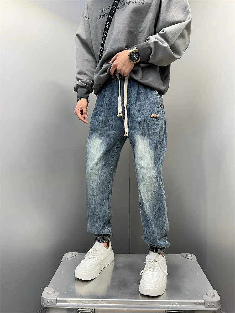 

Мужские повседневные джинсовые брюки свободного кроя, весна-осень, новинка, с эластичным поясом, карго, модные, универсальные, молодежные, стильные