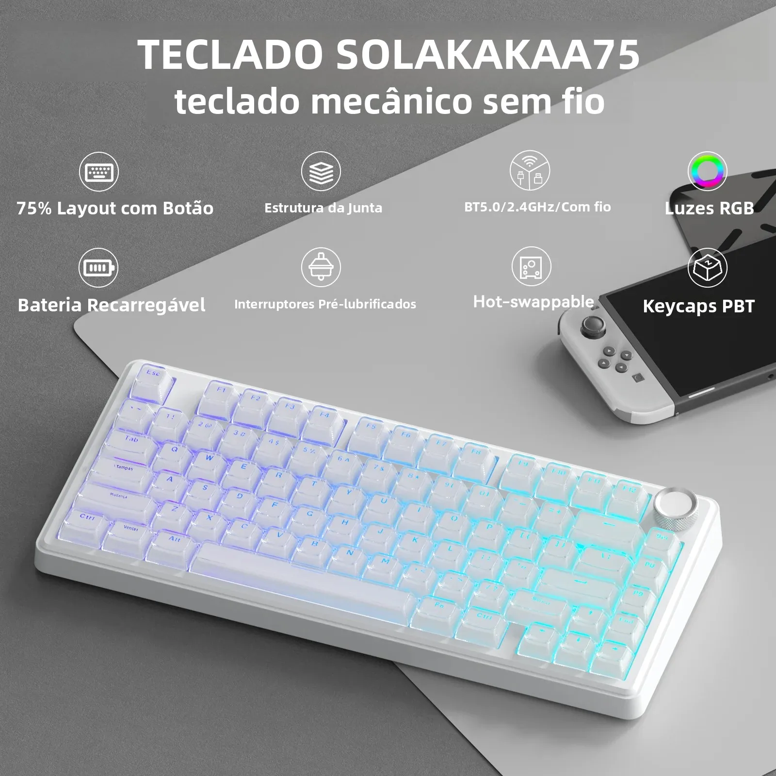 Teclado Gamer Sem Fio SOLAKAKA A75 com Botão Multifuncional, BT5.0/2.4GHz/USB-C, Teclado Mecânico 75%, Hot-Swappable, Teclado Gasket Creamy com Retroiluminação RGB, Keycaps Cristal, para PC/Mac/PC