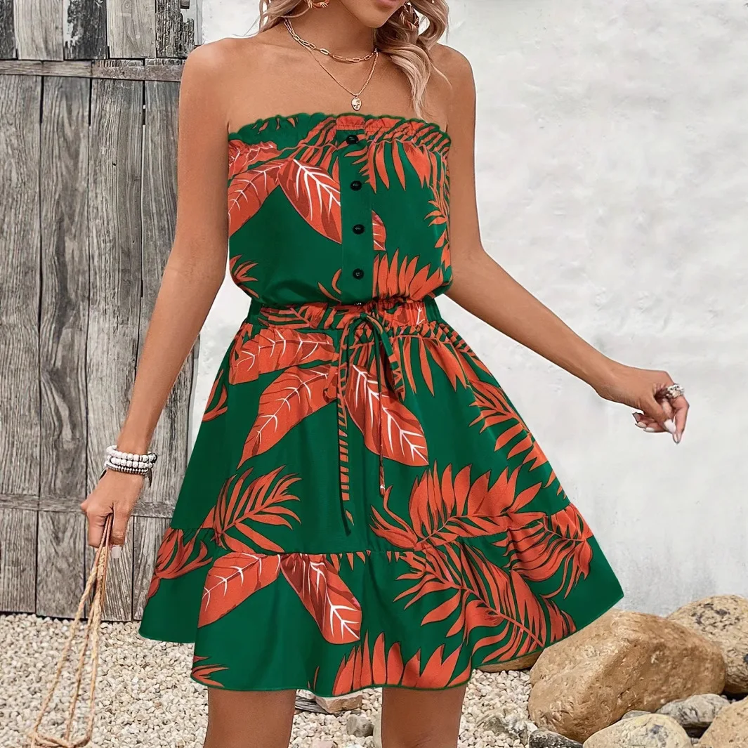 

Женское элегантное платье без бретелек с принтом в отпускном стиле, летнее модное темпераментное платье без рукавов без бретелек с принтом для женщин