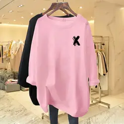Women Clothing Fashion Pure Cotton O-neck Long Sleeve T-shirt Autumn Casual Loose Hand-Painted Print Top Oversized Tees 35-100Kg