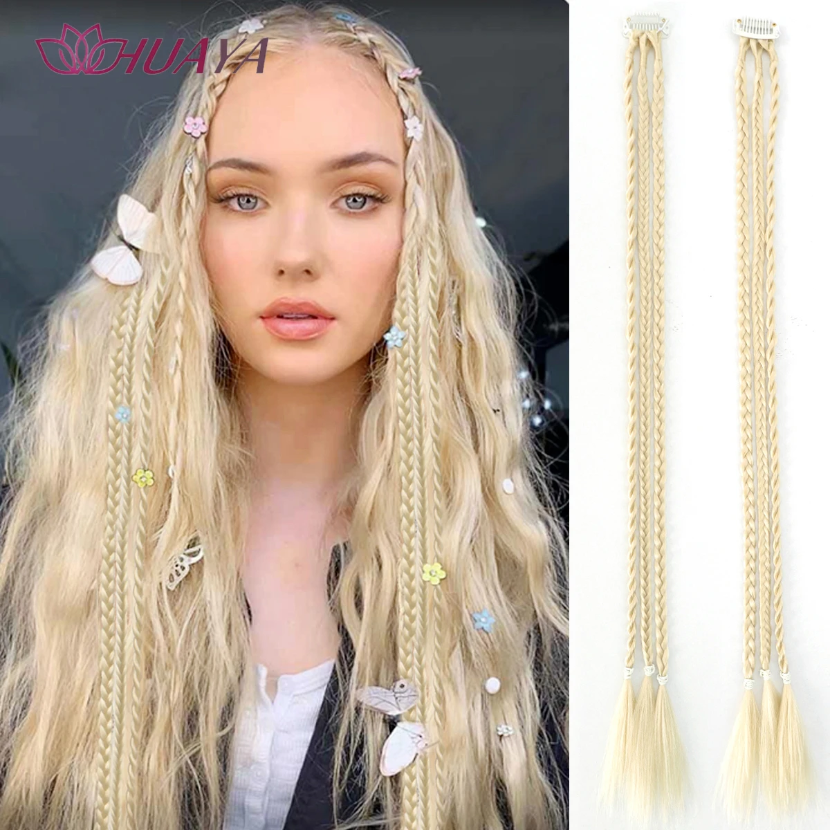 HUAYA Front Braids Clip in Hairstyle With 3 Braids On Each Clip A Total Of 22 Inch Long Natural Soft Synthetic Hairpieces for Gi