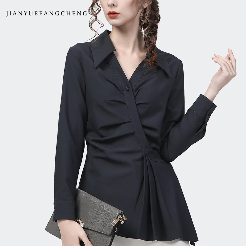 Fashionable Womens Solid Color Long Sleeve Asymmetrical Shirt Mid-Length Elegant Slim Spring Summer Office Ladies Tops Blouses