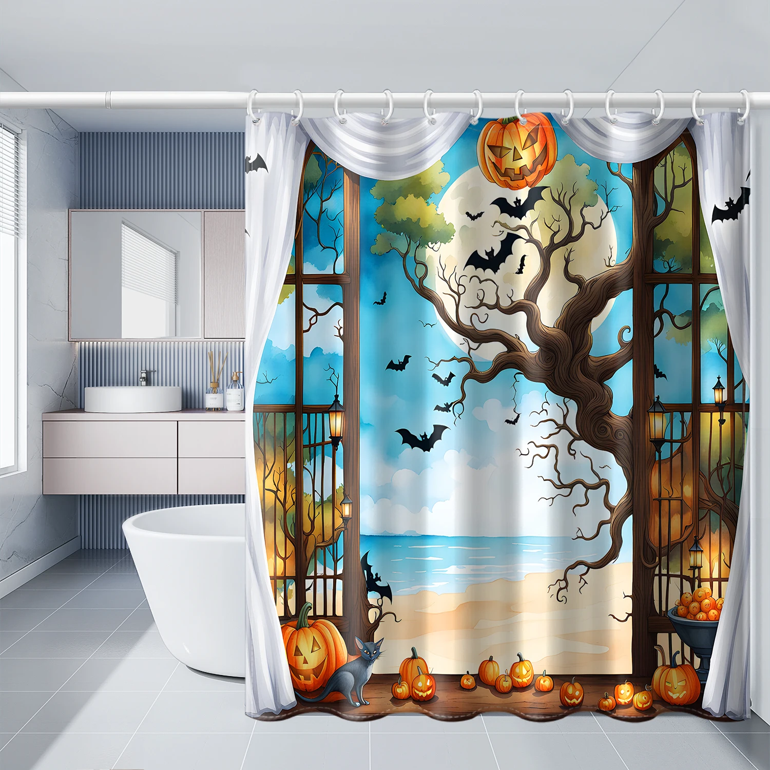 1pc Bat Pumpkin Beach View Window Pattern Printed Shower Curtain with Plastic Hook Cartoon Bathroom Partition Curtain Decoration