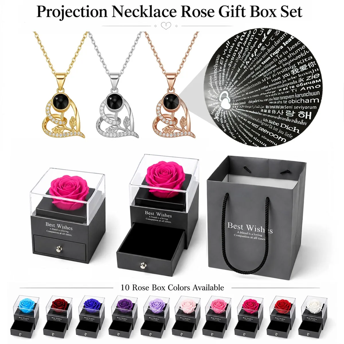 100 Languages Projection Pendant Flower Heart Necklaces For Women With Rose Gift Box Christmas Valentine Birthday Jewelry