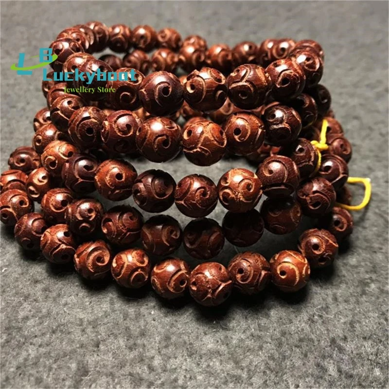 

Buddhist 8mm Sandalwood Carving Lotus Beads Bracelet Blood Sandalwood Auspicious Clouds Wooden Bless 108 Prayer Mala Dropship