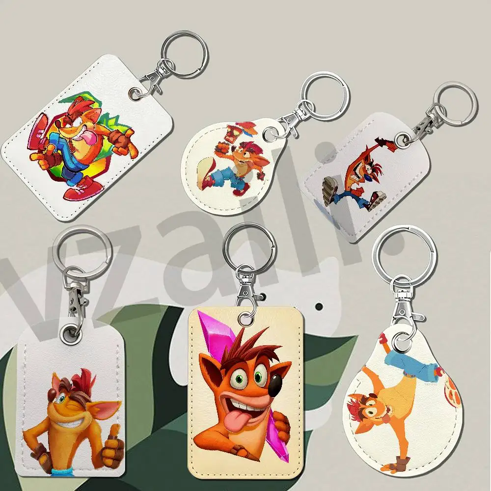 Cute C-Crash  Bandicoot Protective Printed Leather Card Case Metal Keychain Accessory