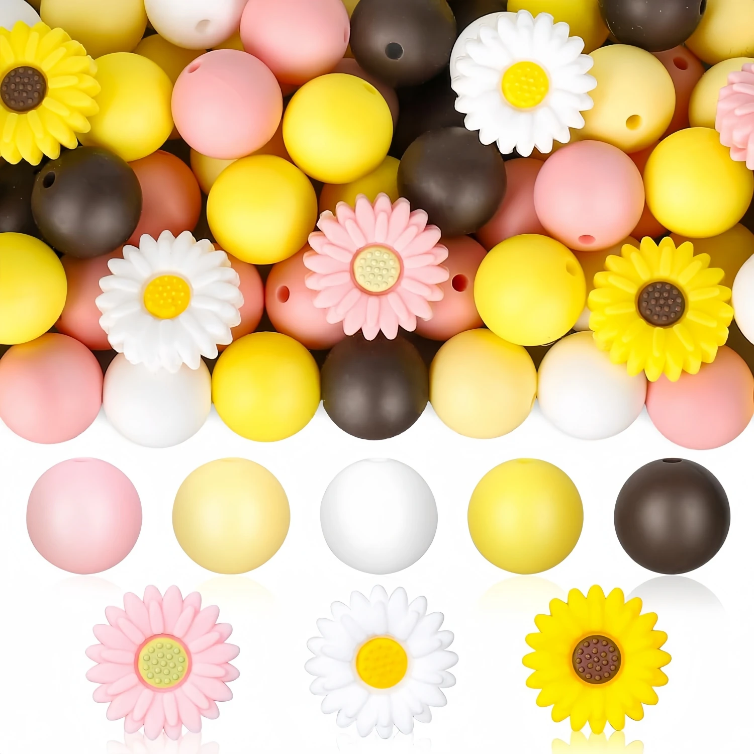 31/59pcs Sunflower Silicone Beads Daisy Focus Beads 5 Colors Round Spacer Beads DIY Pen Crafts Jewelry Necklace Bangle Keychain Making