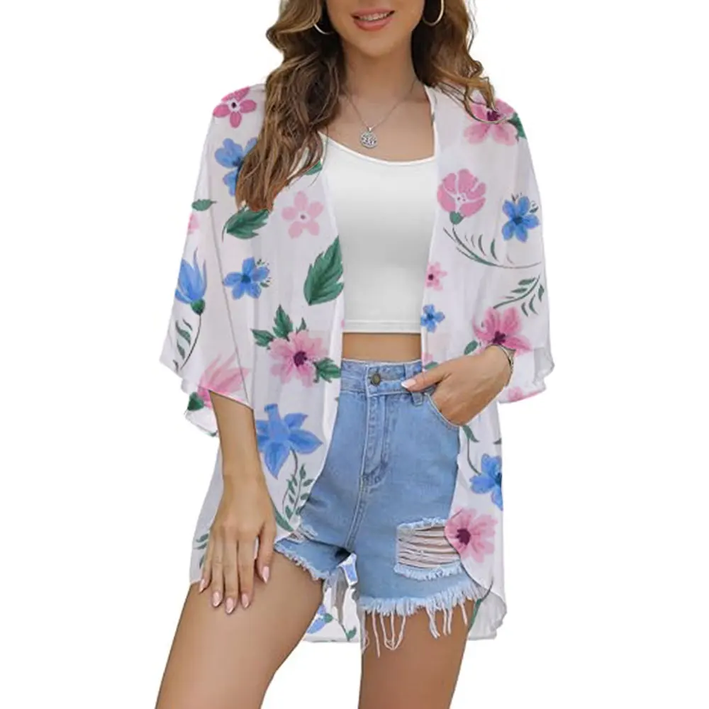 Women Vintage Floral Chiffon Shirt Fresh Simple Sunscreen Blouse Loose Shawl Kimono Cardigan Boho Tops Sexy Coat Kimono Cover Up