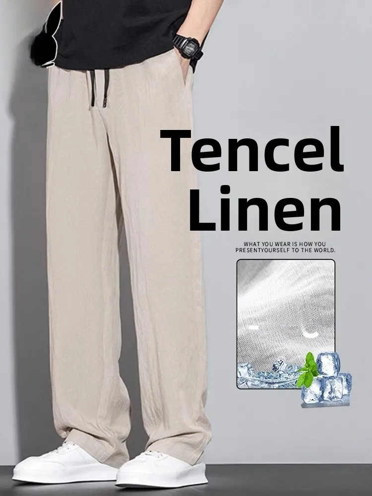 

Larsele Lyocell Men's Casual Pants Ice Silk Straight Leg Sports Summer Linen Long Trousers Comfortable Loose Fit