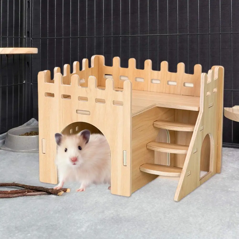 Hamster Villa Double Layer Harmless Pet Toy Solid Wood Dwarf Hamsters Climbing Play Hut Chews Toy for Home Hamster Hideout Hut