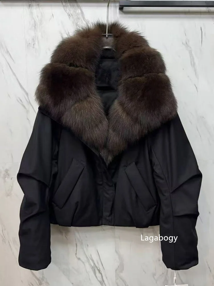 Lagabogy Women's Winter Down Jacket Real Fur Coat Huge Natural Fox Fur Duck Down Jacket Casual Female Feather Parka Puffer Coat