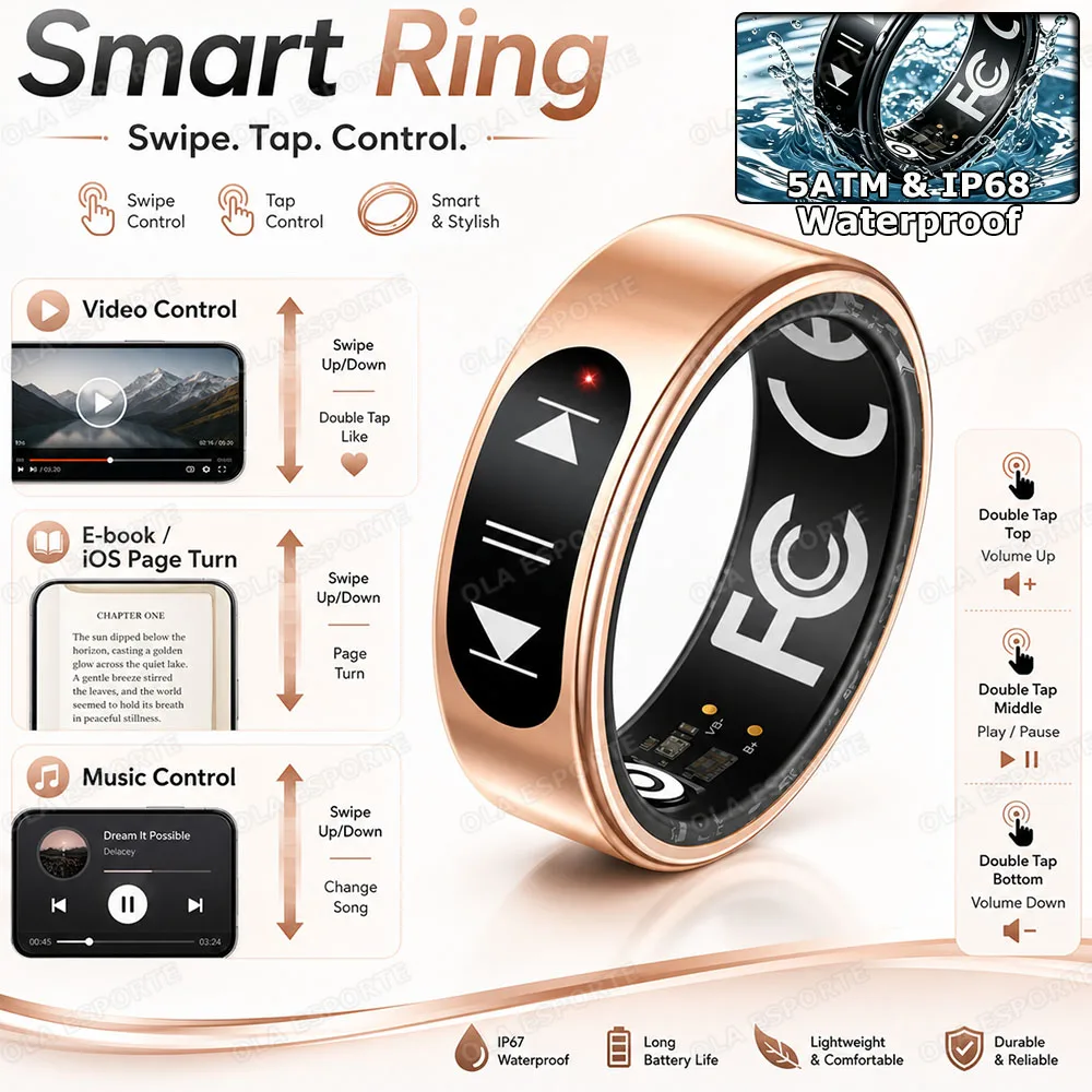 2026 Smart-Ringe mit Video-Steuerung, Seitenwechsel durch Wischen nach oben/unten, Musiksteuerung, Herzfrequenz- und Blutsauerstoff-Monitor, Wasserdichter Smart-Ring