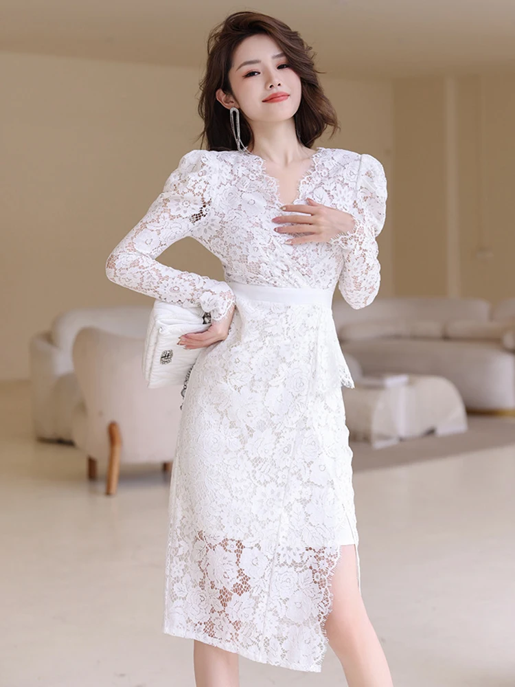 Sweet Elegant Sexy Dresses for Women 2023 White Black Sheer Lace Hook Flowers Hollow Ruffles Slit Midi Robe Party Office Vestido