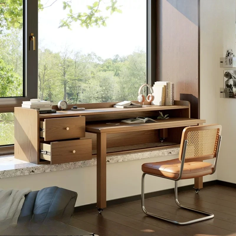The bay window is all solid wood, desk is pulled,  retractable desktop, bedroom window sill, computer table