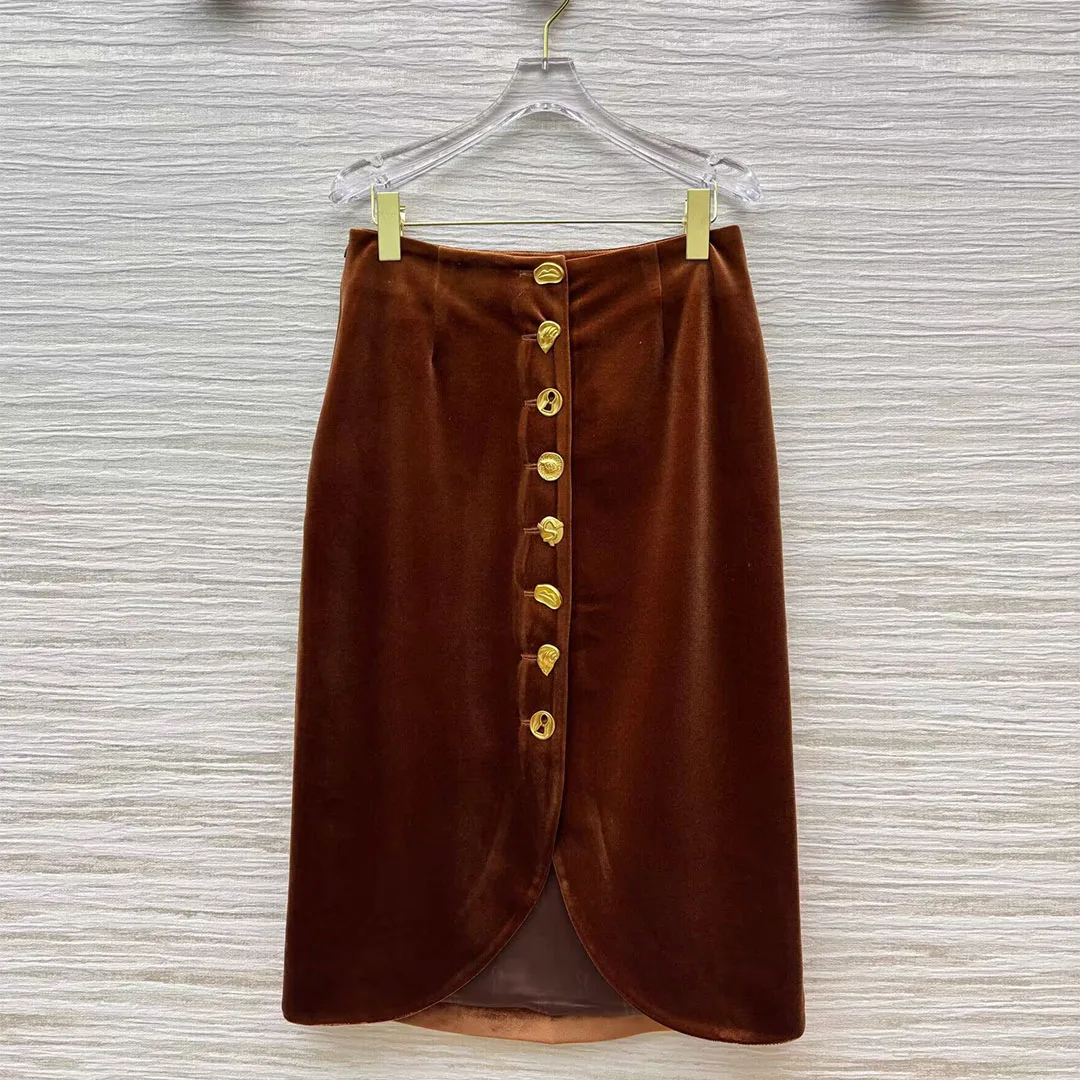 

2025 New Autumn Brown Velvet Vintage Straight Long Skirts Womens Low Waist Gold Buttons All-macthed Sweet Elegant Lady Skirt