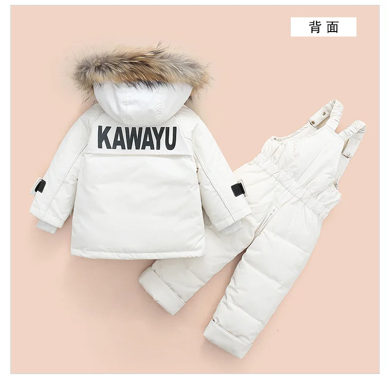 Children\'s Down Jacket Suit New Winter Baby Boys Suspender Trousers Male Child Toddler Girl Raccoon Hair Ski Suit 80-100