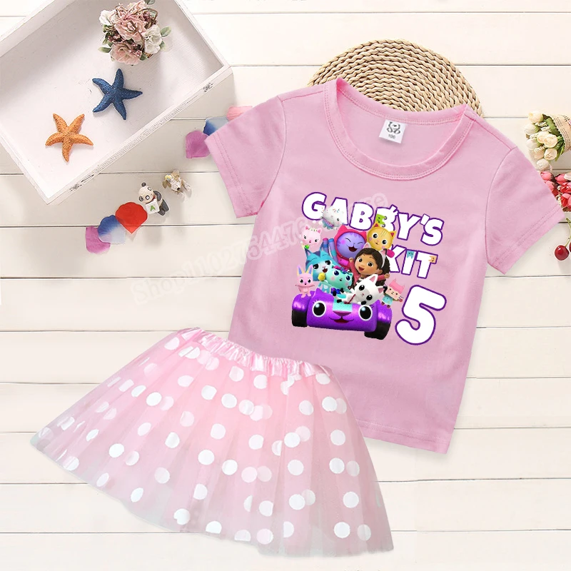

Gabby Dollhouse Child T-shirt Skirt Set Cartoon Birthday Numbers Print Short Two Piece Suit Girls Summer Casual Princess Dress